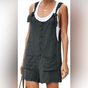 Casual Cotton Linen Romper Overalls Jumpsuit Shorts Black